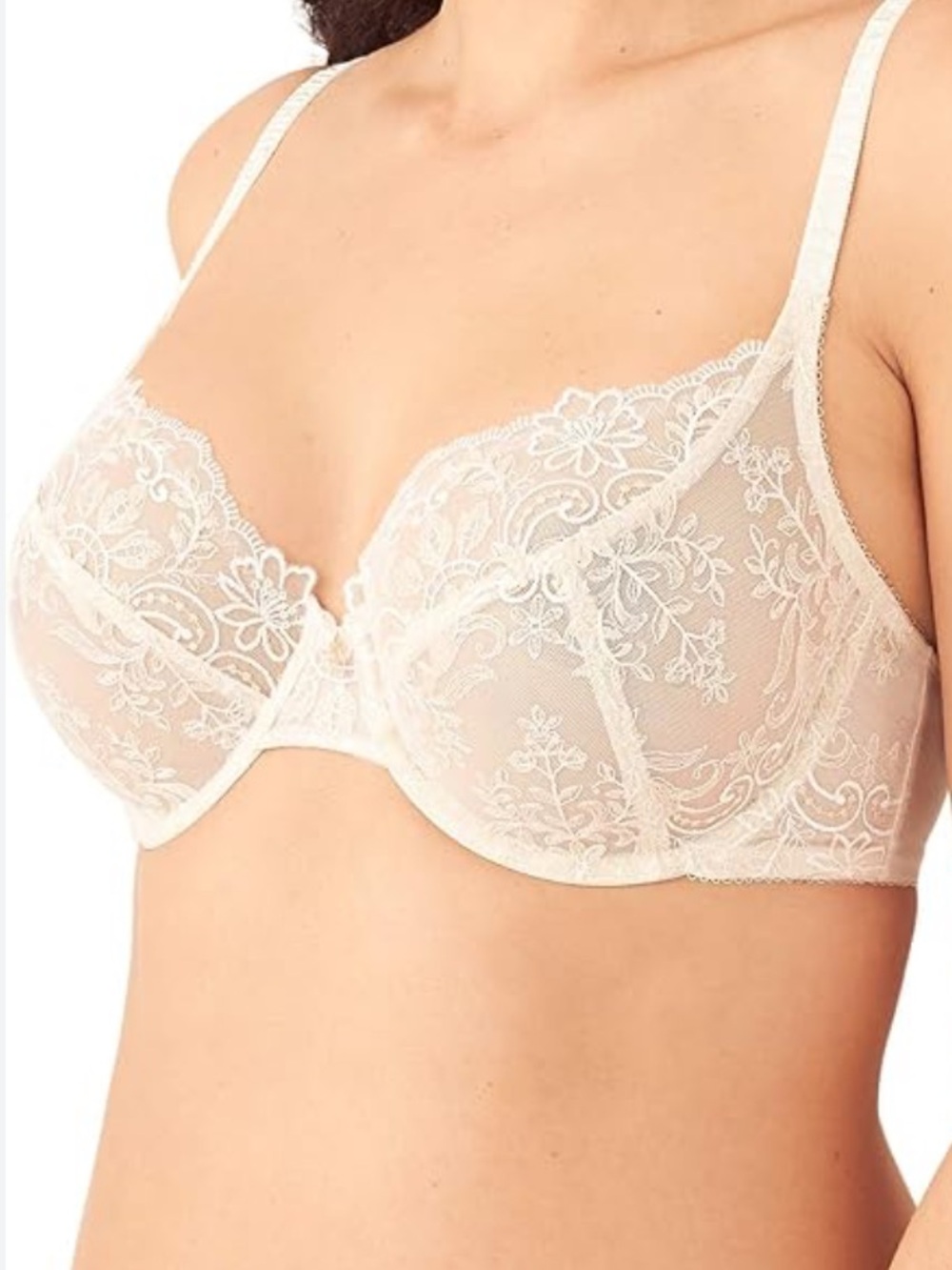 WACOAL Ivory Embroidered Lace Bra 34D Sheer Underwire Bridal